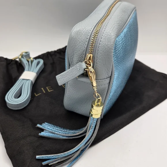 Elie Beaumont London Crossbody Handbag Purse Light Blue Pebbled Leather Metallic - Picture 6 of 10